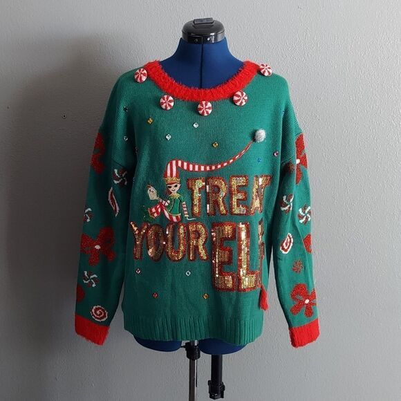 Holiday Time Treat Your Elf Ugly Christmas Sweater Medium - Picture 2 of 9